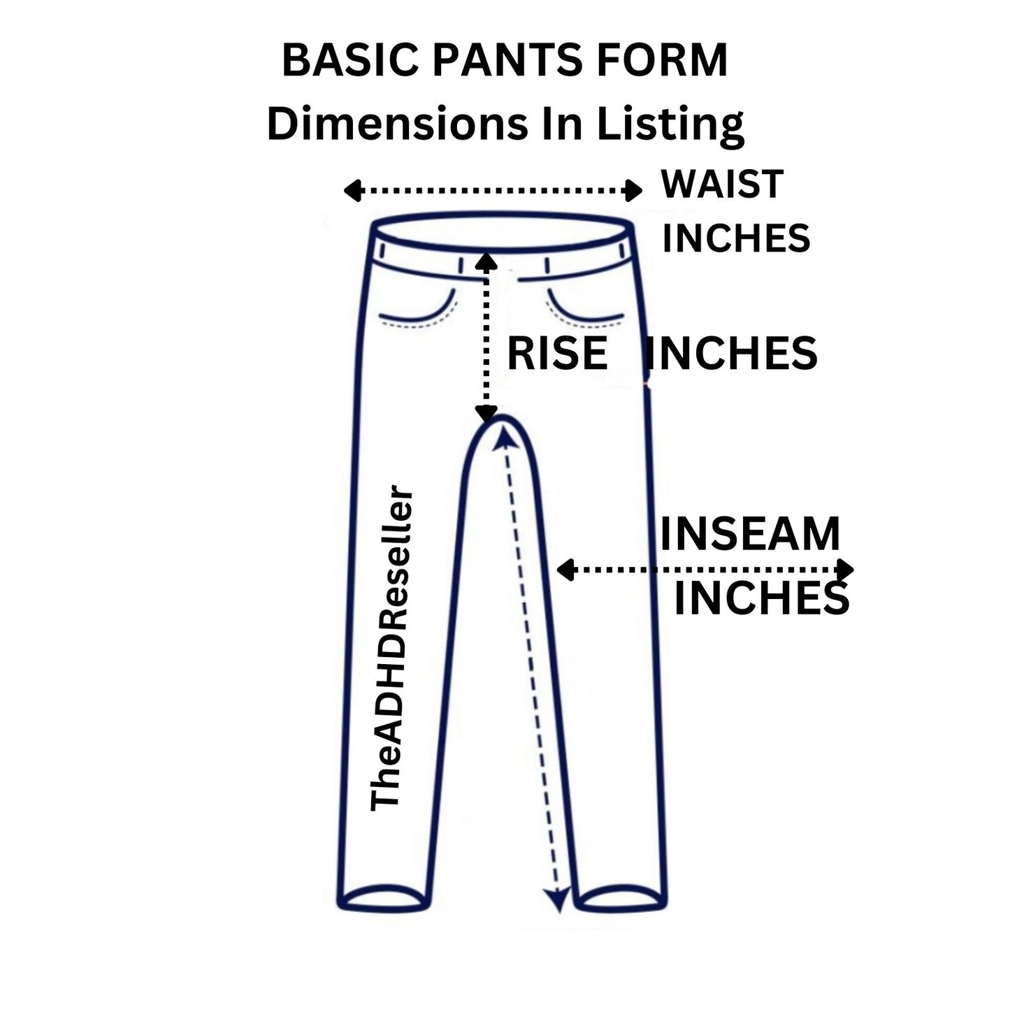 Diagram of a pair of pants with measurements labeled on a white background