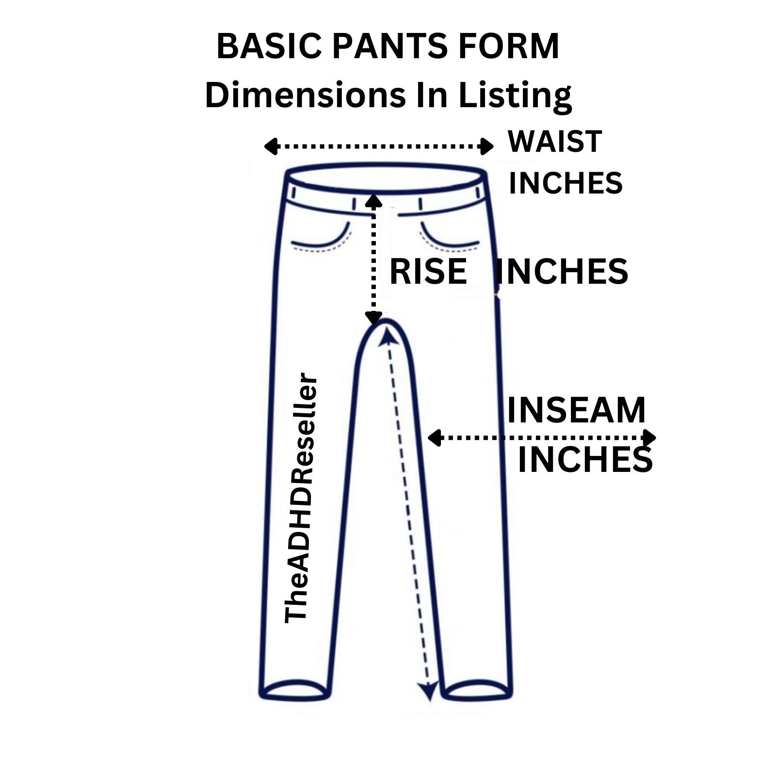 Diagram of a pair of pants with measurements labeled on a white background