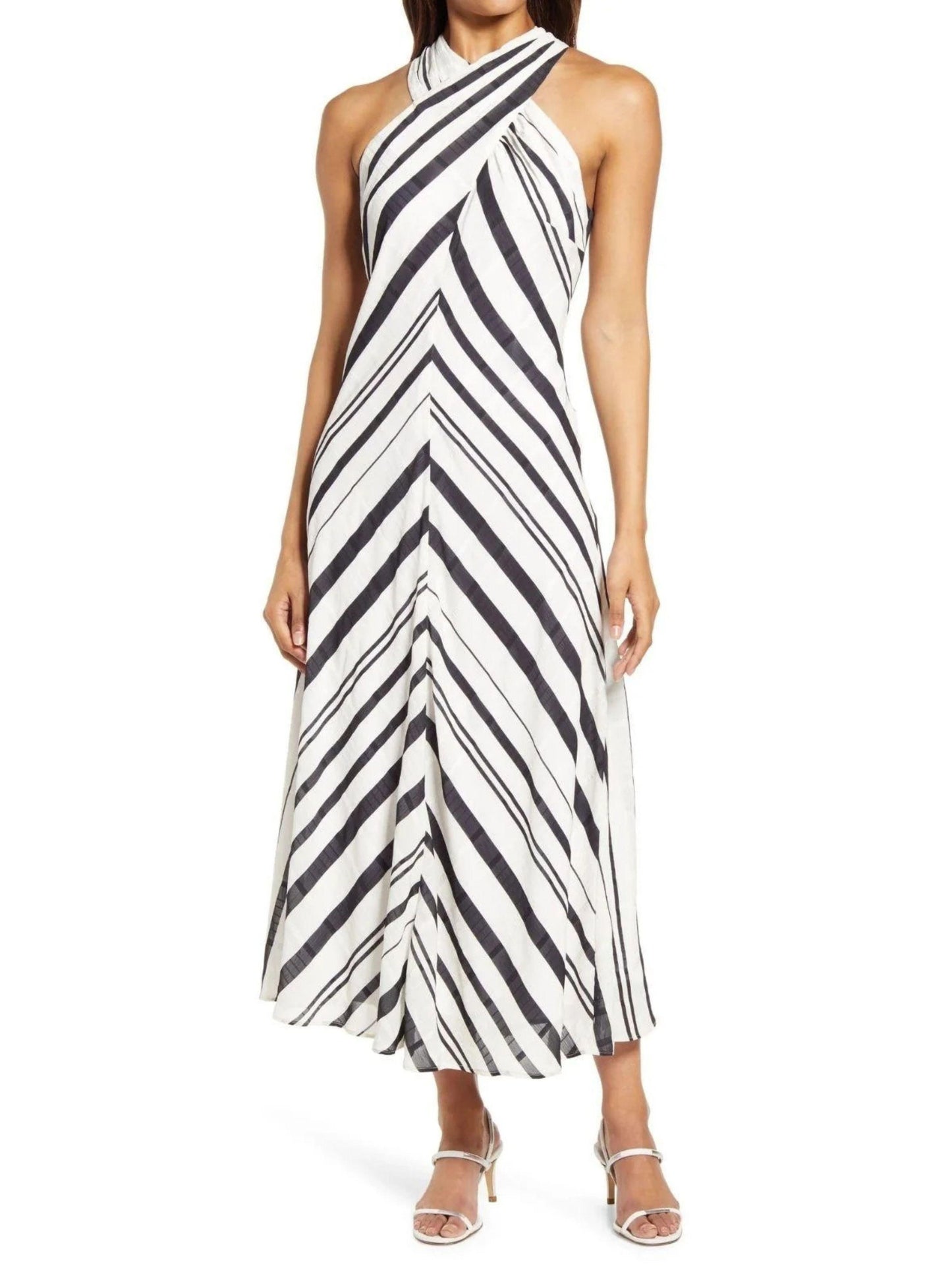 Sam Edelman Cross Neck Dress Chevron Pattern Black & White Stripe Women Size 6