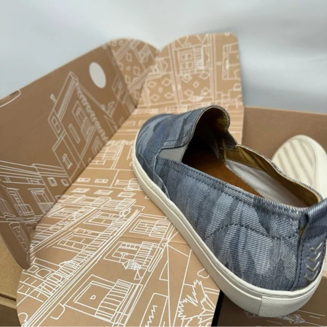side view of shoe sitting on shoe box