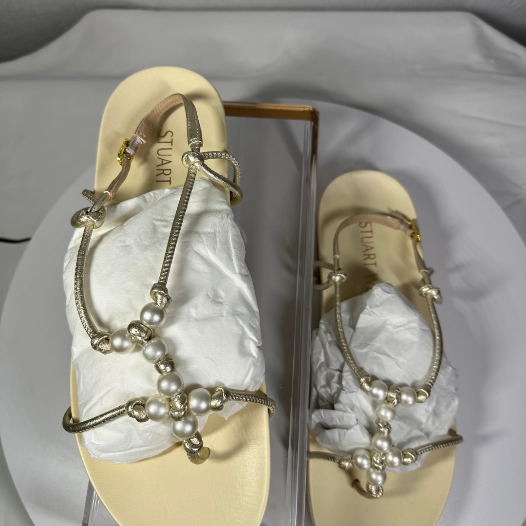 Stuart Weitzman Women's Pearl Knot Demi Wedge Thong Sandals Size 9