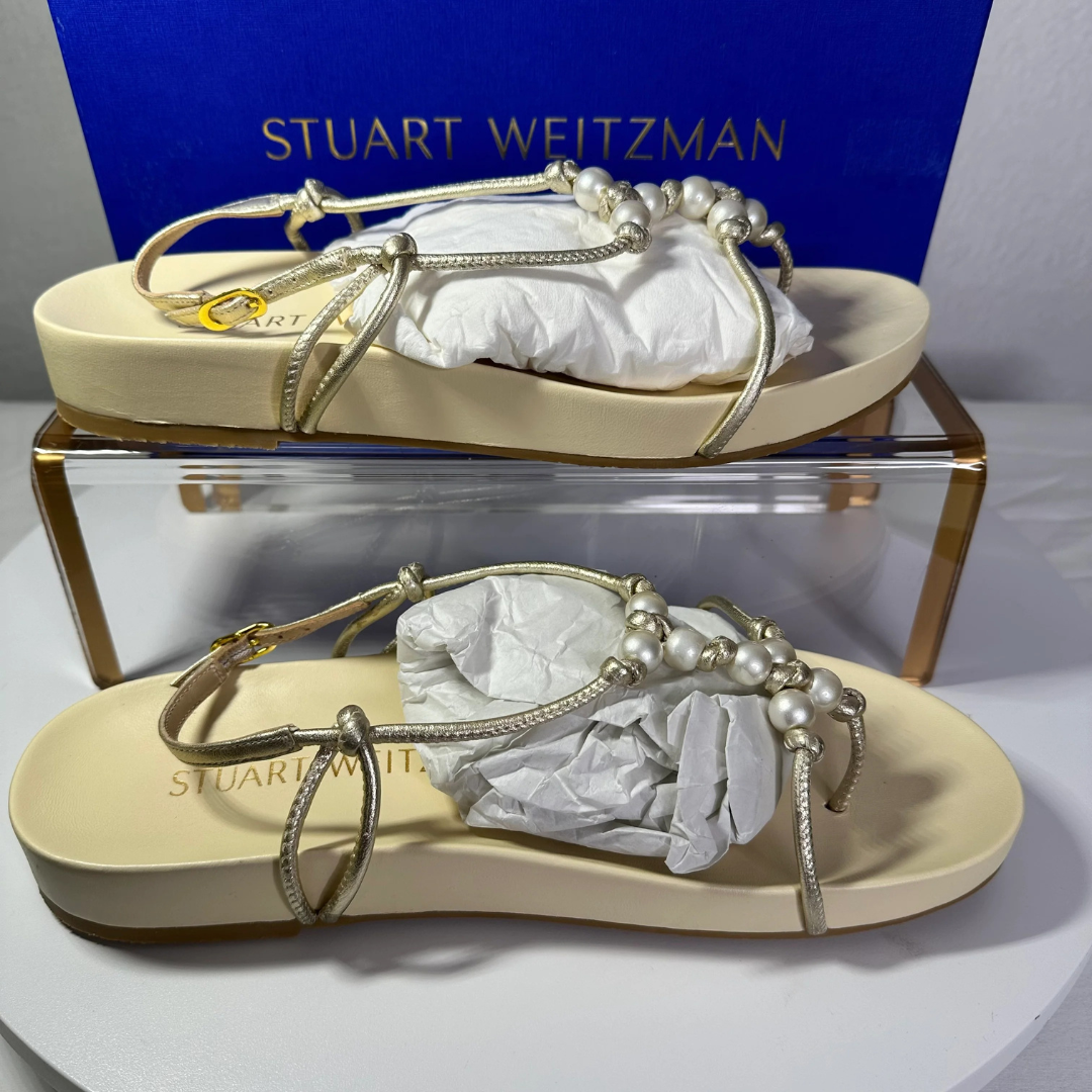 Stuart Weitzman Women's Pearl Knot Demi Wedge Thong Sandals Size 9