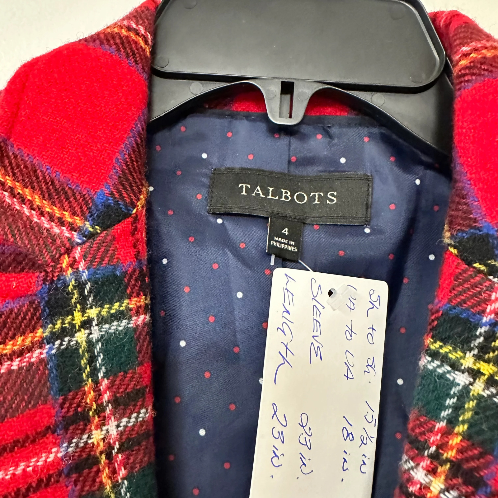 Red plaid garment with a Talbots label and size tag.