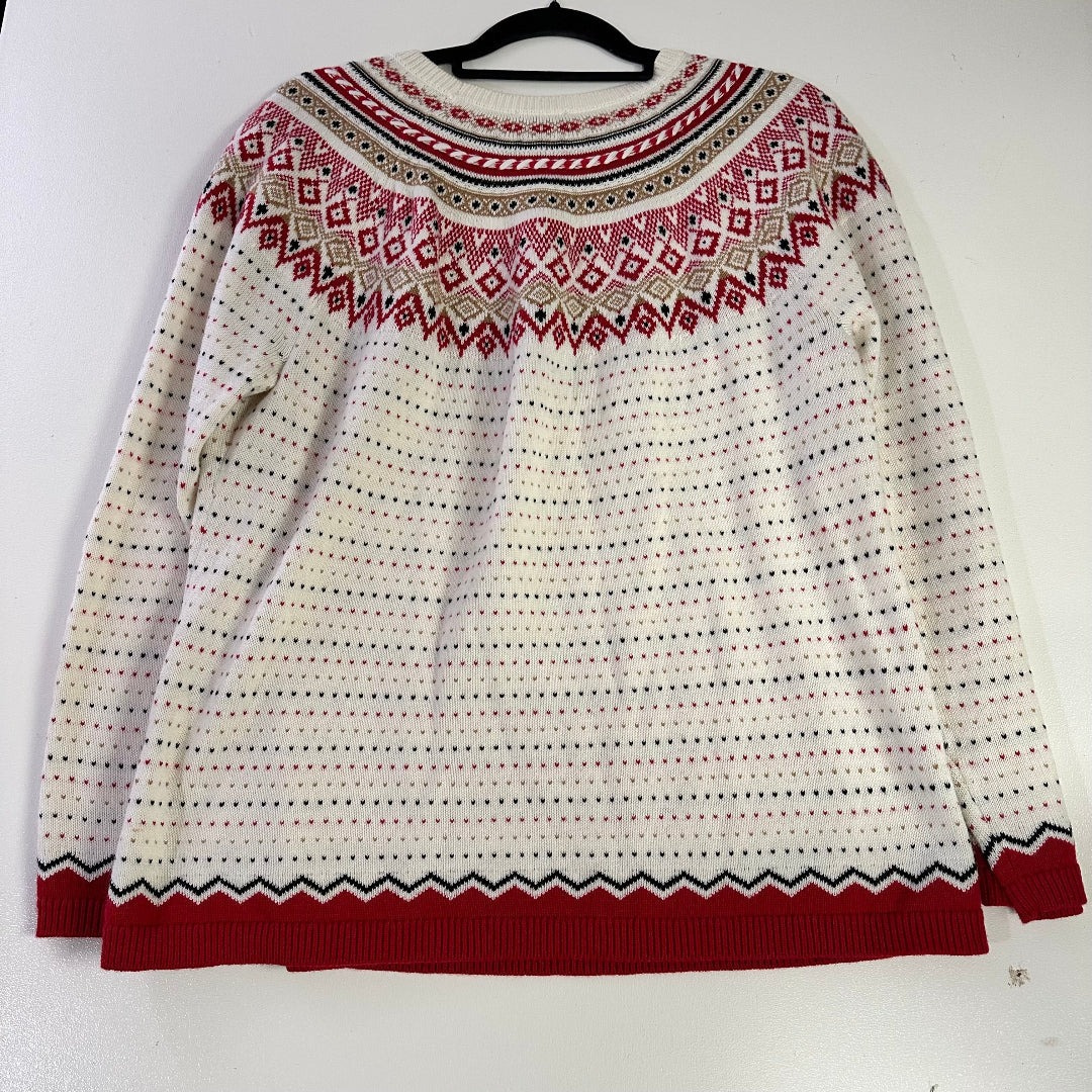White sweater with red and black pattern on a white background