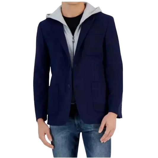 Navy blue blazer worn by a person on a white background