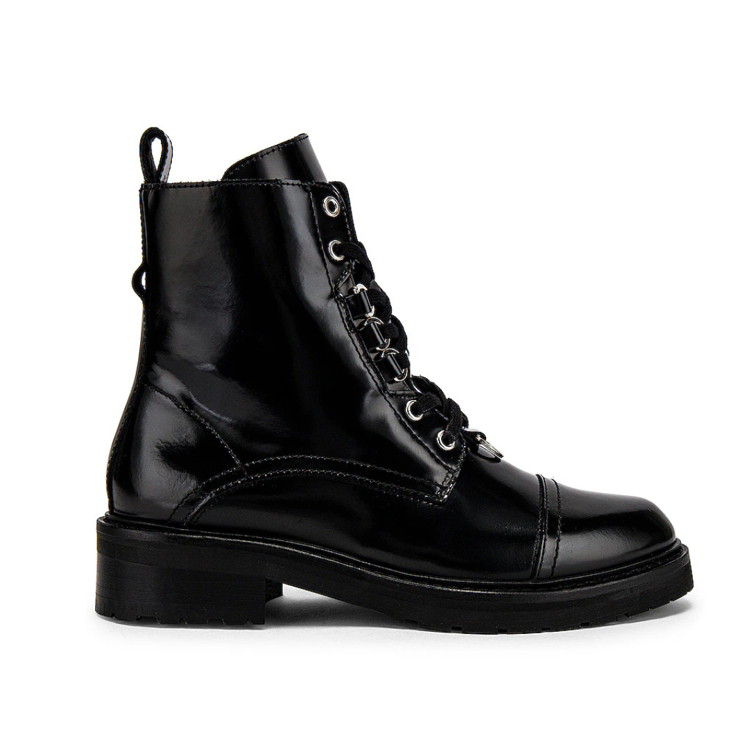 Black leather boot with lace-up design on a white background