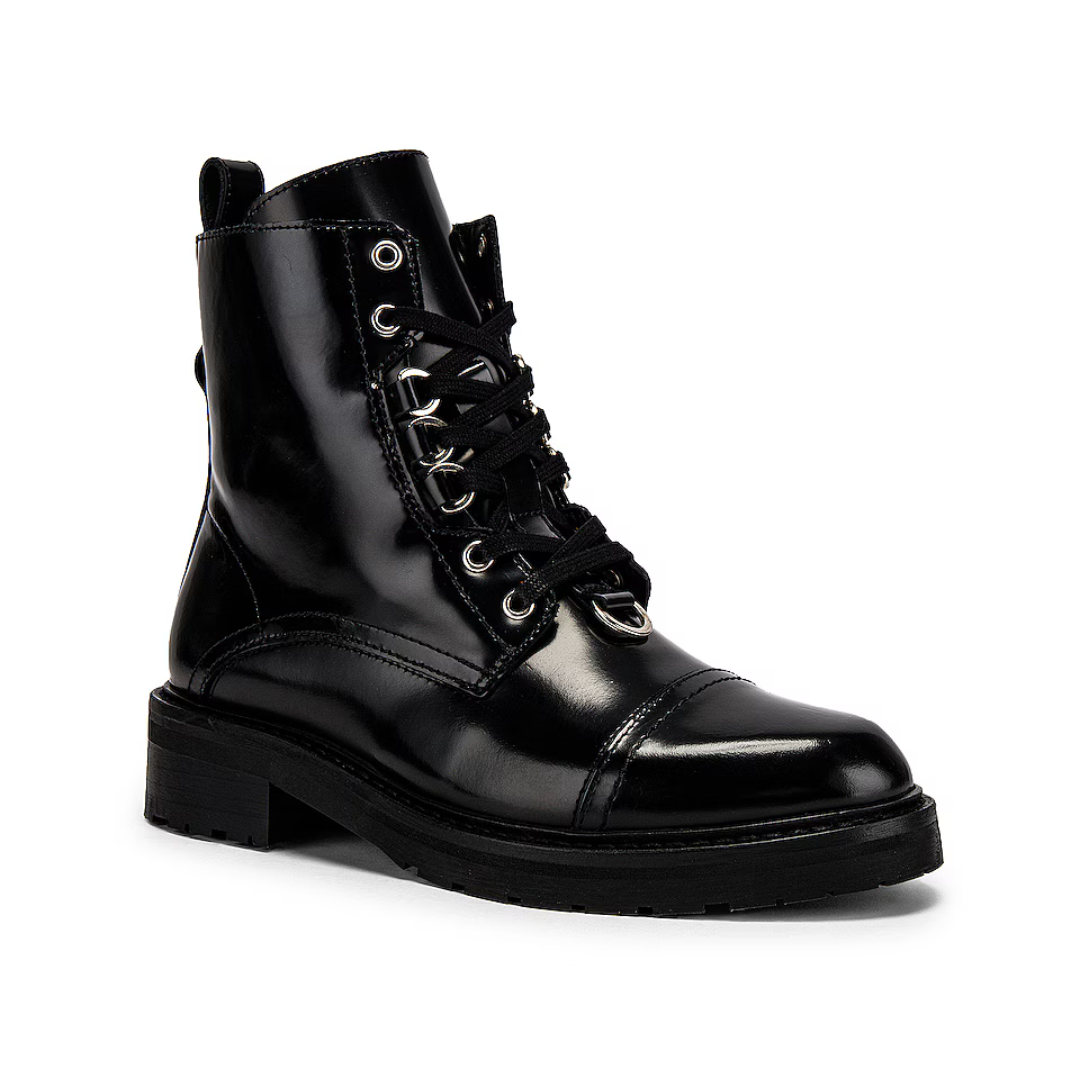 Black shiny lace-up boot on a white background
