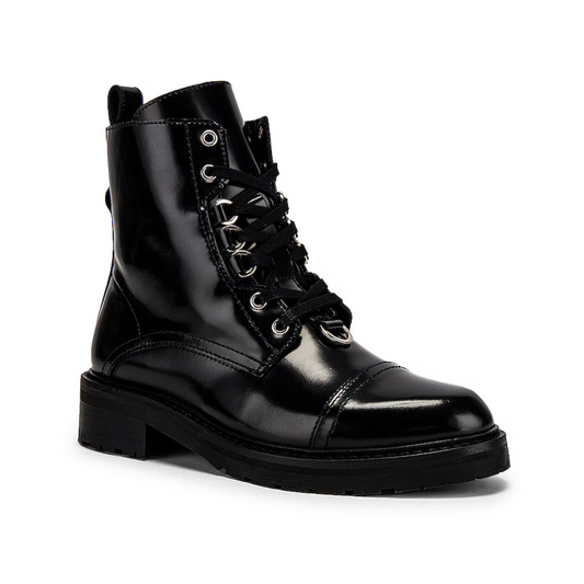 Black shiny lace-up boot on a white background