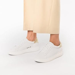 Size 5 1/2 Kate Spade New York Women's Lift Leather Sneakers Optic White & Gold Retail $148.00