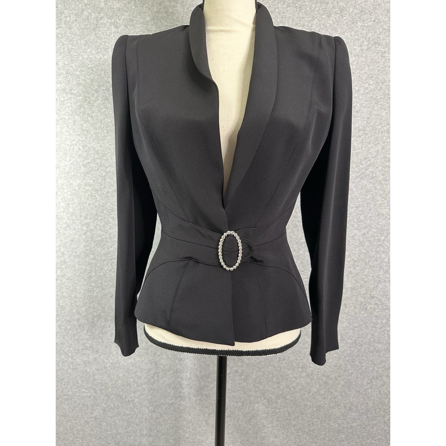 Escada Silk Blazer Black Tuxedo Jacket Jeweled Brooch Button Closure Fitted Waist Size EU 34 US 4