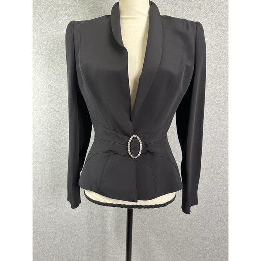 Escada Silk Blazer Black Tuxedo Jacket Jeweled Brooch Button Closure Fitted Waist Size EU 34 US 4