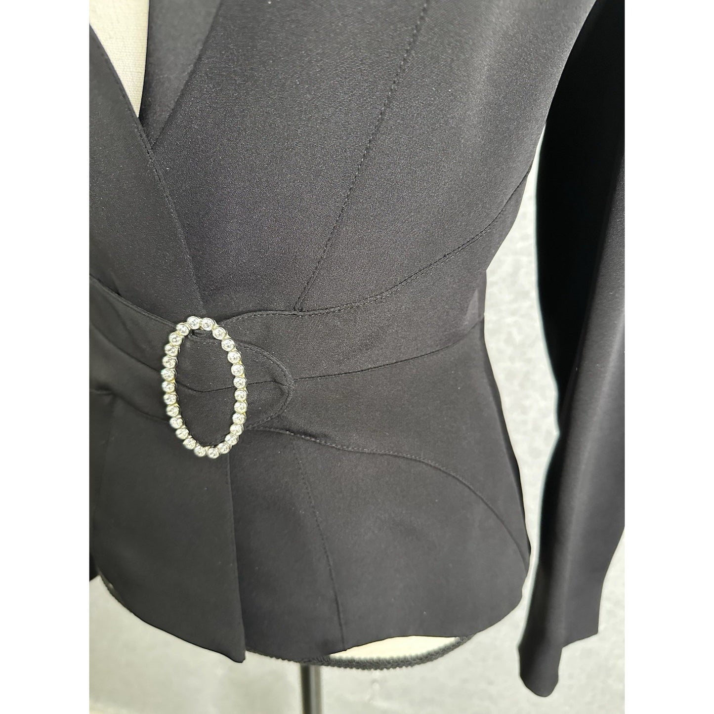 Escada Silk Blazer Black Tuxedo Jacket Jeweled Brooch Button Closure Fitted Waist Size EU 34 US 4