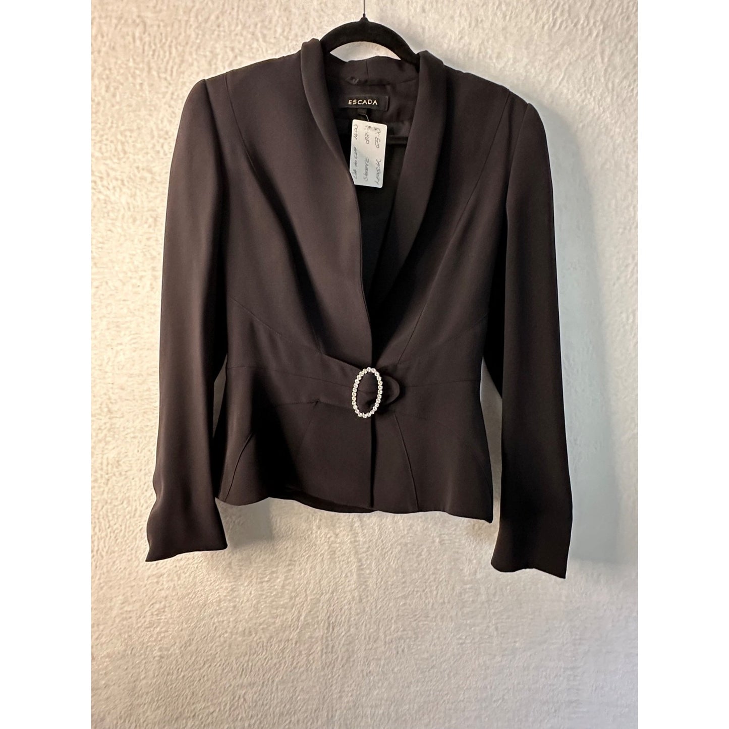 Escada Silk Blazer Black Tuxedo Jacket Jeweled Brooch Button Closure Fitted Waist Size EU 34 US 4