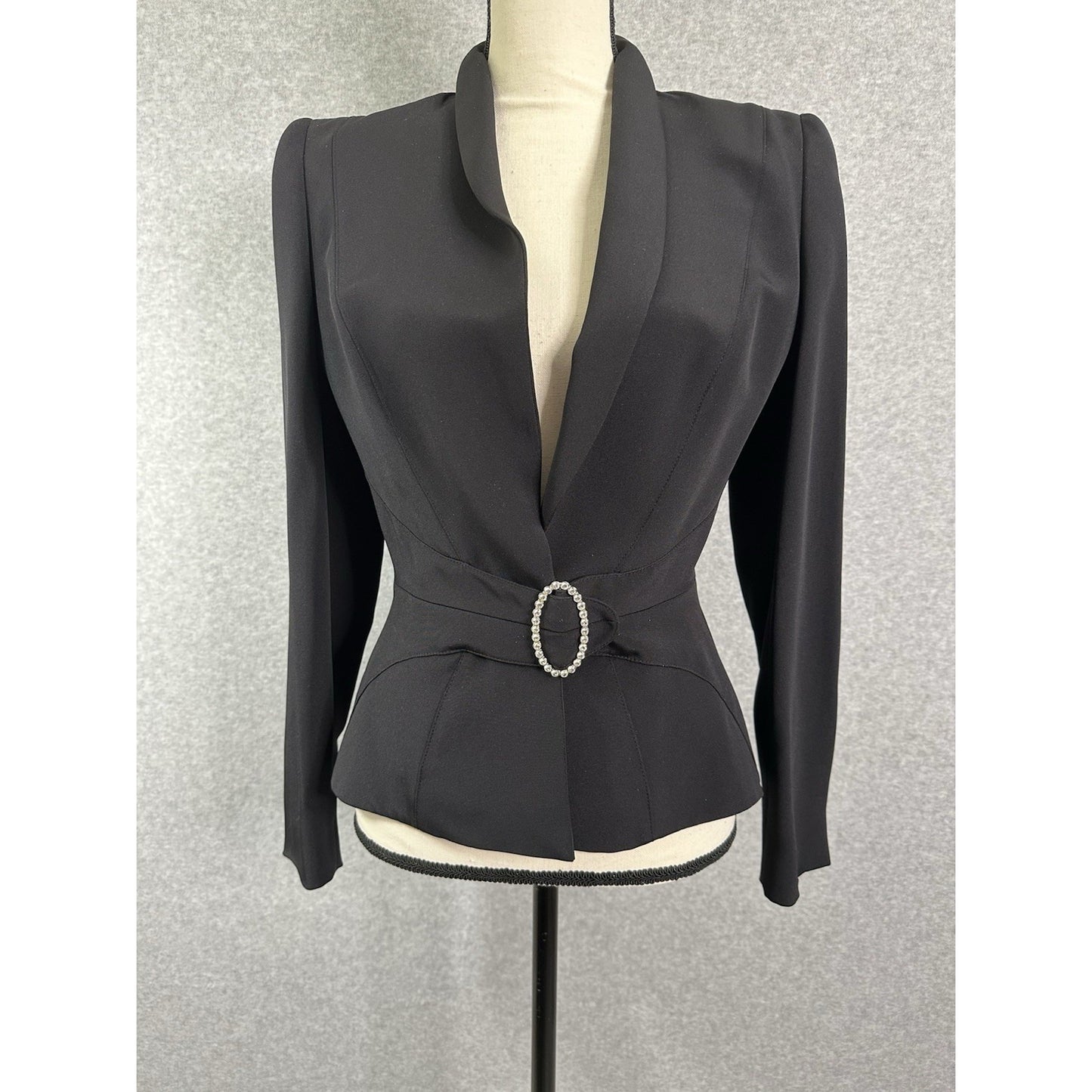 Escada Silk Blazer Black Tuxedo Jacket Jeweled Brooch Button Closure Fitted Waist Size EU 34 US 4