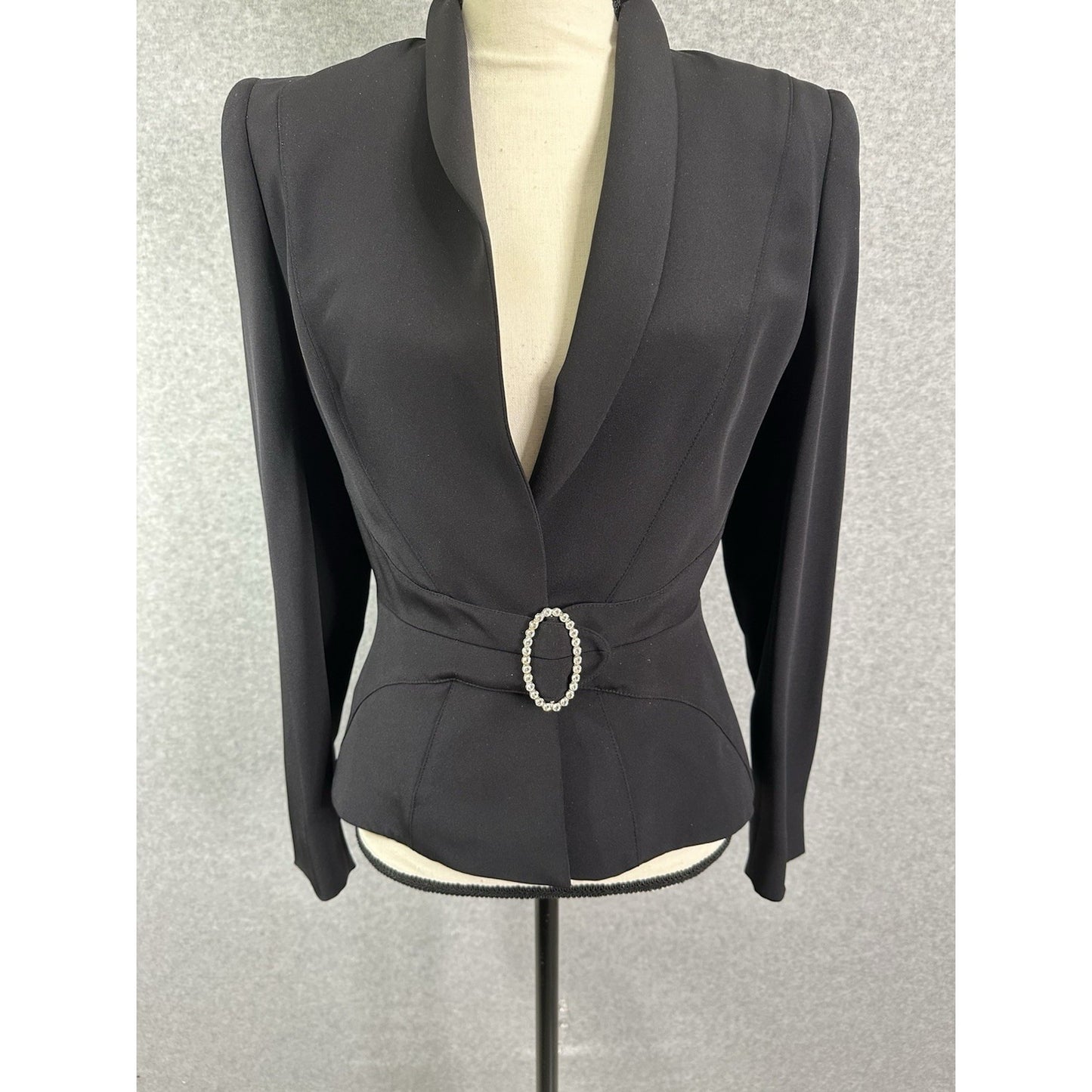 Escada Silk Blazer Black Tuxedo Jacket Jeweled Brooch Button Closure Fitted Waist Size EU 34 US 4