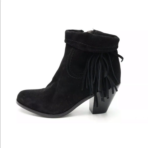 Sam Edelman Louie Ankle Boots Women's Size 9 Booties Black Suede Fringe Accent Almond Closed Toe