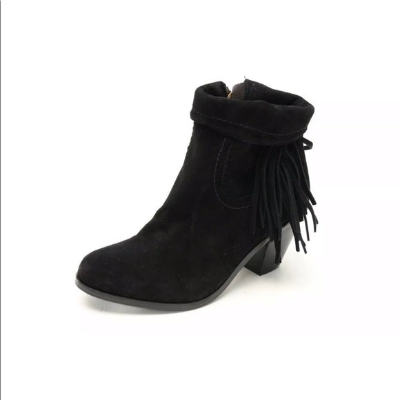 Sam Edelman Louie Ankle Boots Women's Size 9 Booties Black Suede Fringe Accent Almond Closed Toe