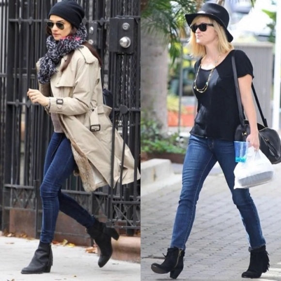 Sam Edelman Louie Ankle Boots Women's Size 9 Booties Black Suede Fringe Accent Almond Closed Toe