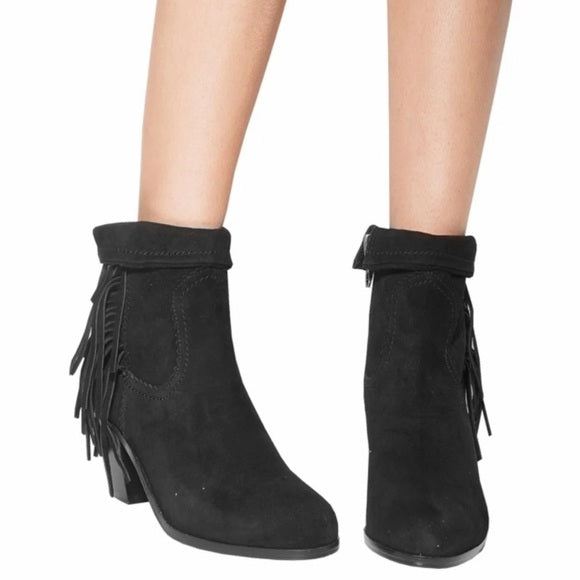 Sam Edelman Louie Ankle Boots Women's Size 9 Booties Black Suede Fringe Accent Almond Closed Toe