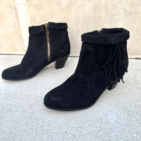 Sam Edelman Louie Ankle Boots Women's Size 9 Booties Black Suede Fringe Accent Almond Closed Toe