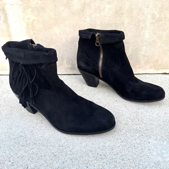 Sam Edelman Louie Ankle Boots Women's Size 9 Booties Black Suede Fringe Accent Almond Closed Toe