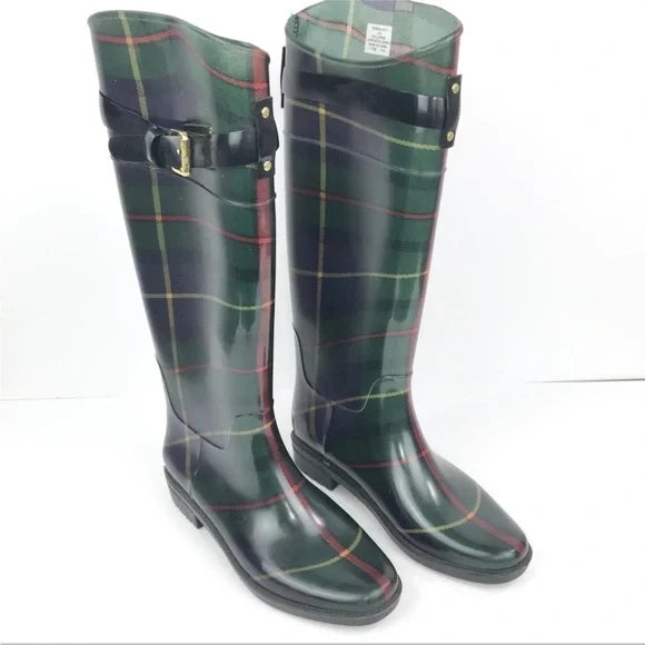 Lauren Ralph Lauren Lauren Women’s Rossalyn II Green Plaid Tall Rain Boot Wellies Heel Height 1" Round Toe Block Heel Sz. 5 Fits A 6.5