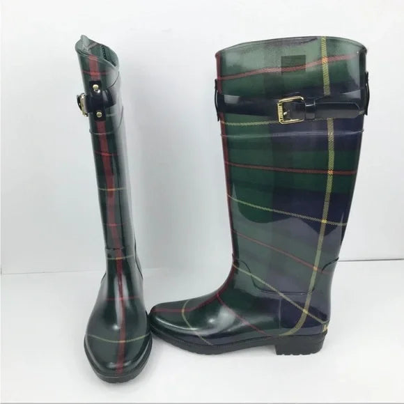Lauren Ralph Lauren Lauren Women’s Rossalyn II Green Plaid Tall Rain Boot Wellies Heel Height 1" Round Toe Block Heel Sz. 5 Fits A 6.5