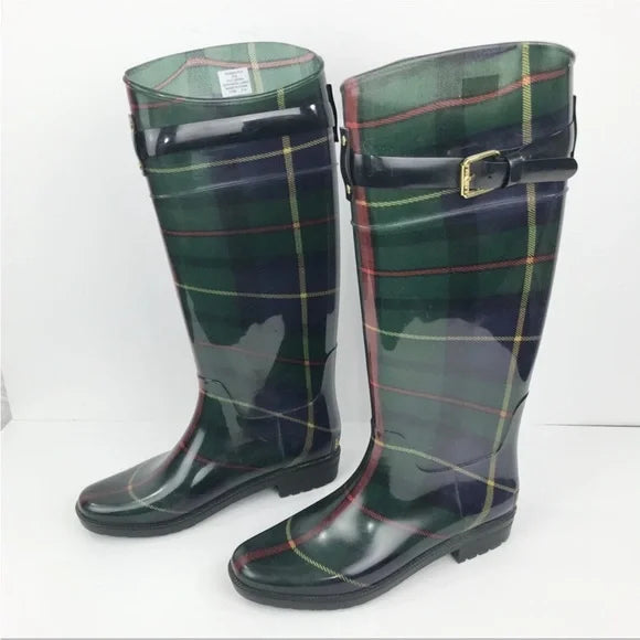 Lauren Ralph Lauren Lauren Women’s Rossalyn II Green Plaid Tall Rain Boot Wellies Heel Height 1" Round Toe Block Heel Sz. 5 Fits A 6.5
