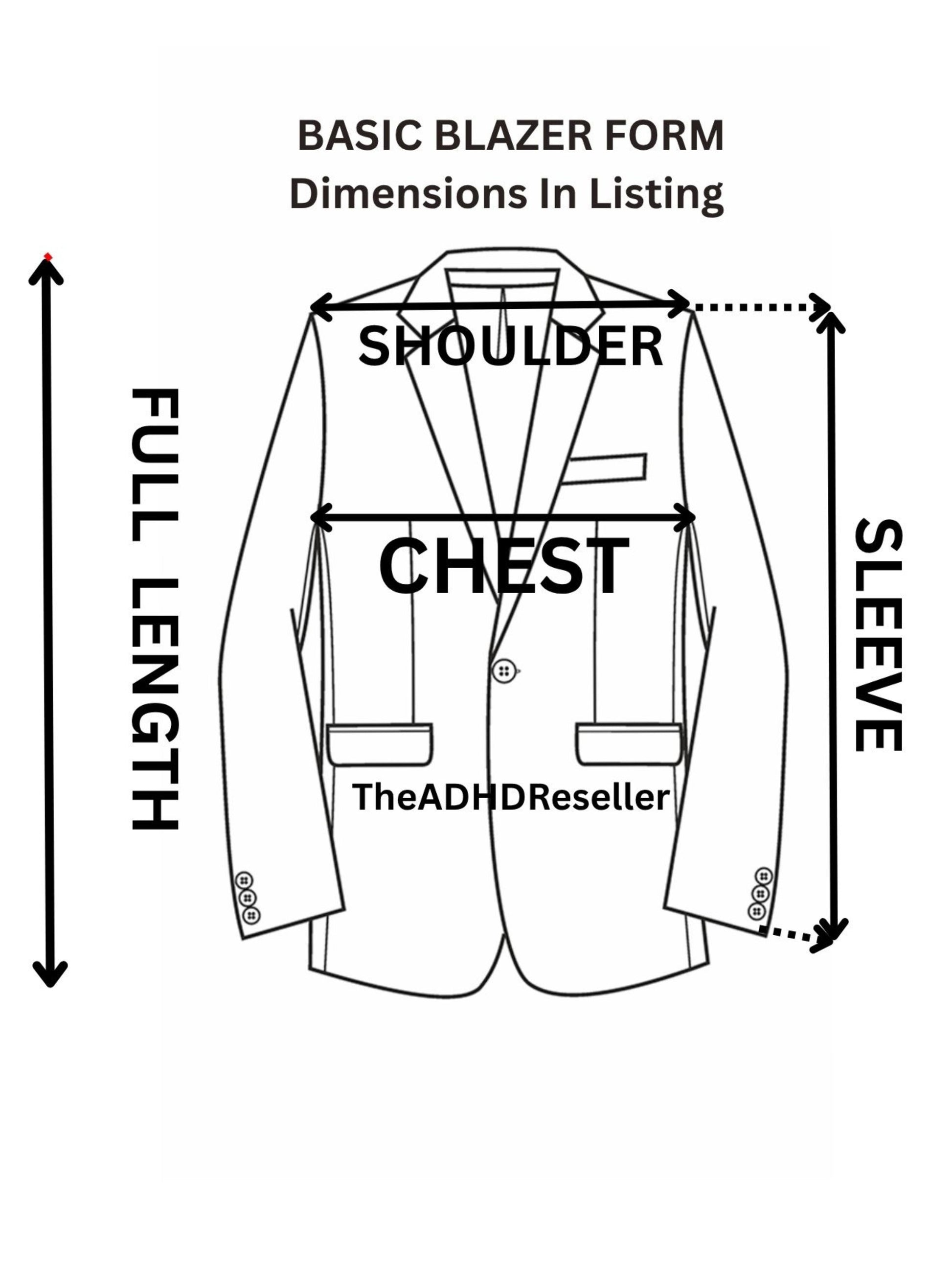 Diagram of a blazer with labeled measurements on a white background
