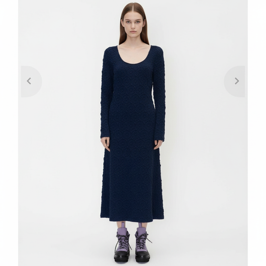 Stine Goya dress front view - accurate navy blue