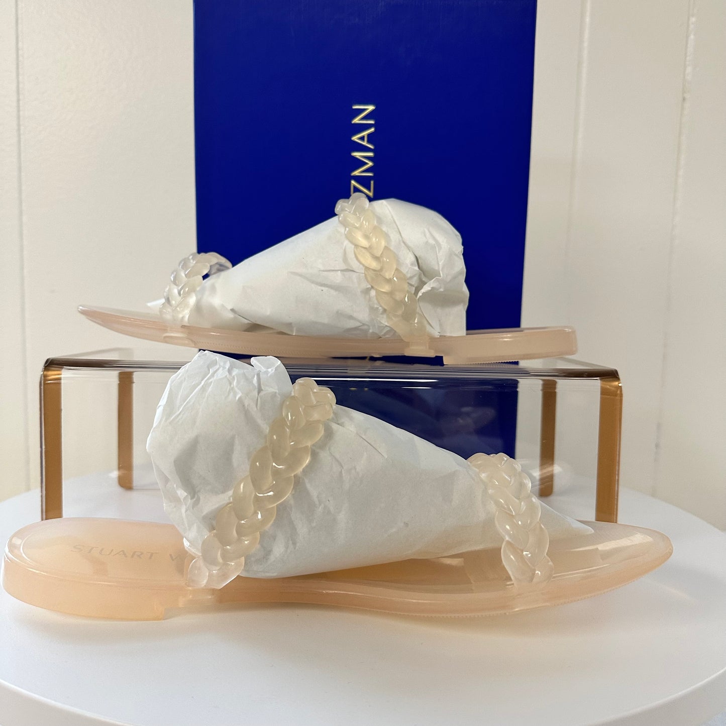 slide sandals showing wrapped for shipping and protection